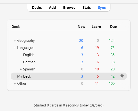 Giao diện danh sách bộ thẻ Deck List trong Anki hiển thị cấu trúc cây phân cấp bộ thẻ cha và bộ thẻ con Subdeck với dấu hai chấm ::