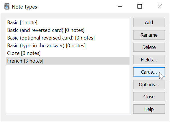 Giao diện cửa sổ Quản lý loại ghi chú Manage Note Types trong Anki hiển thị danh sách các loại ghi chú mặc định như Basic, Cloze, Image Occlusion